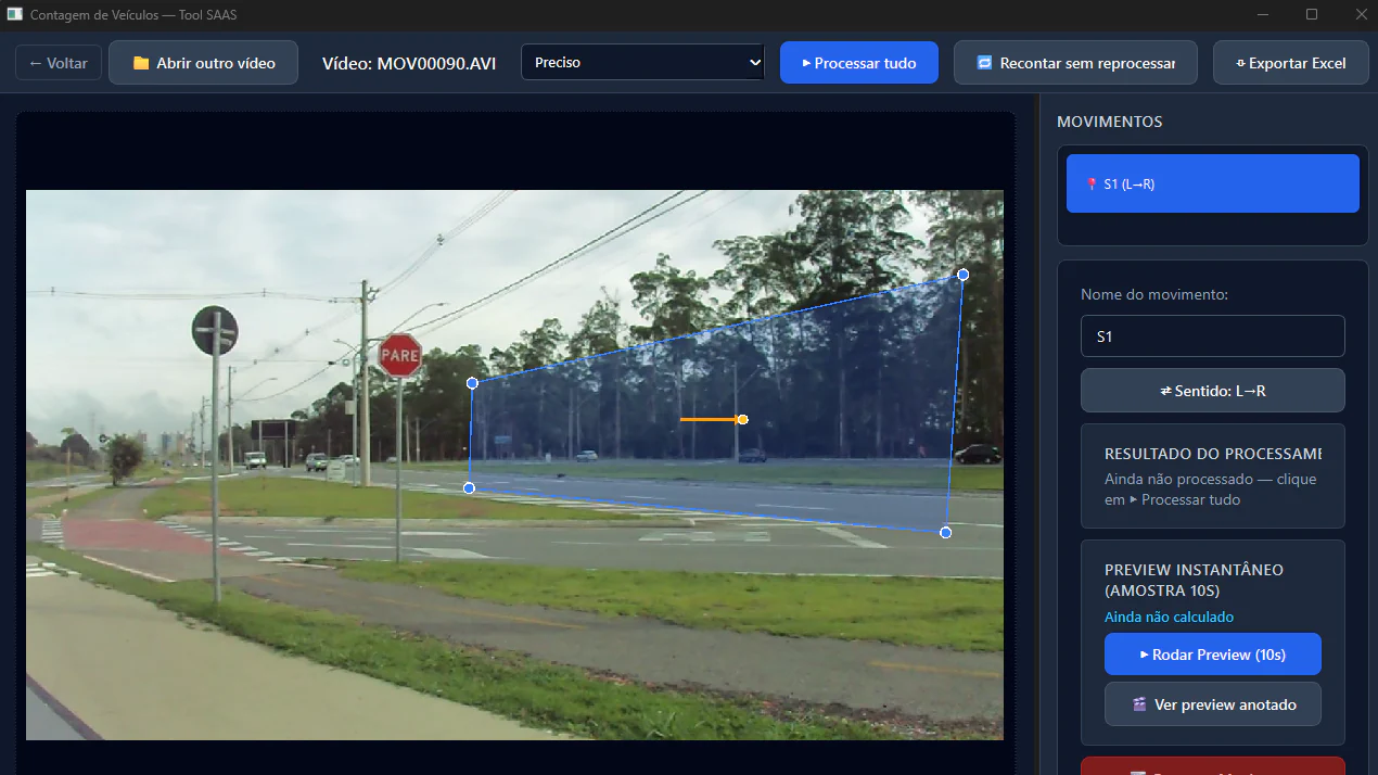 Interface real do software desktop de contagem de veículos, com a região de contagem marcada sobre o vídeo